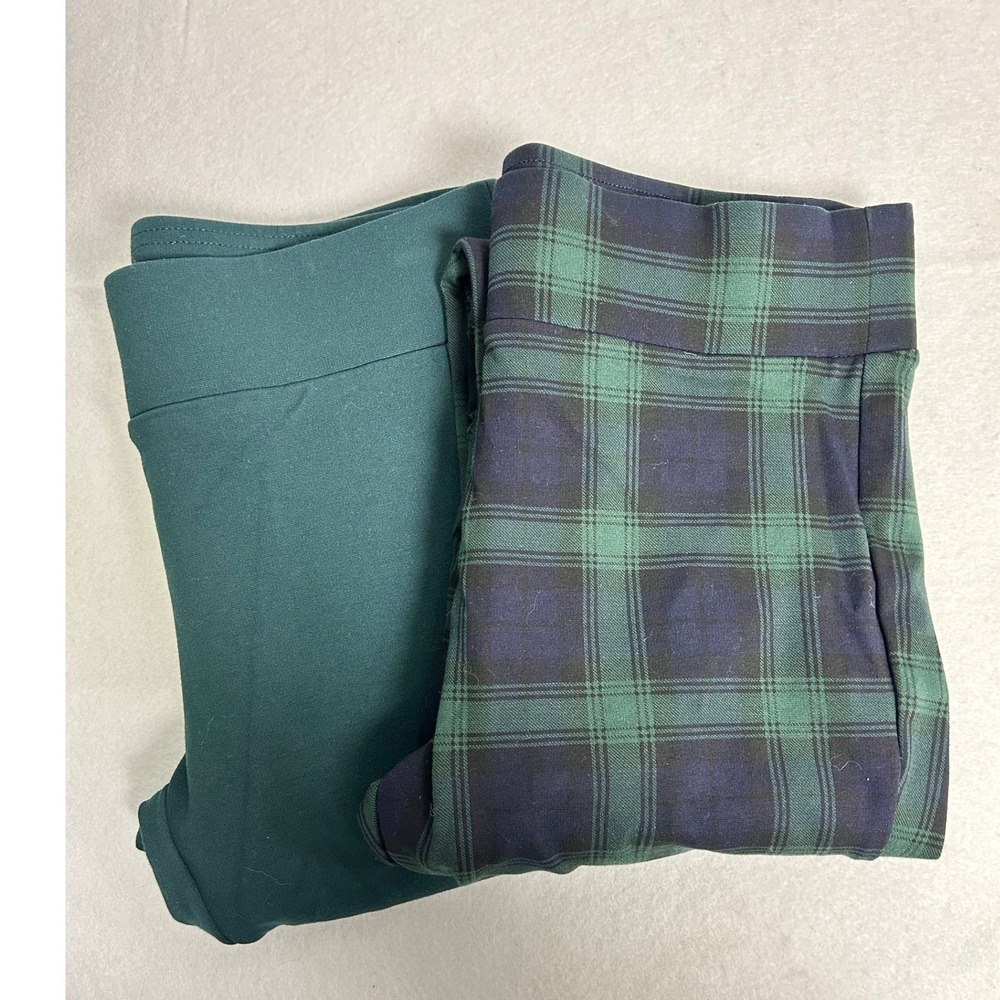 Dark‎ Academia LOFT Petites Womens SP Green Plaid & Solid Leggings Bundle 2pk